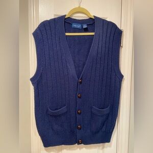 Towncraft Navy Blue Ribbed Knit V Neck Sweated Vest Leather Like Buttons Size L